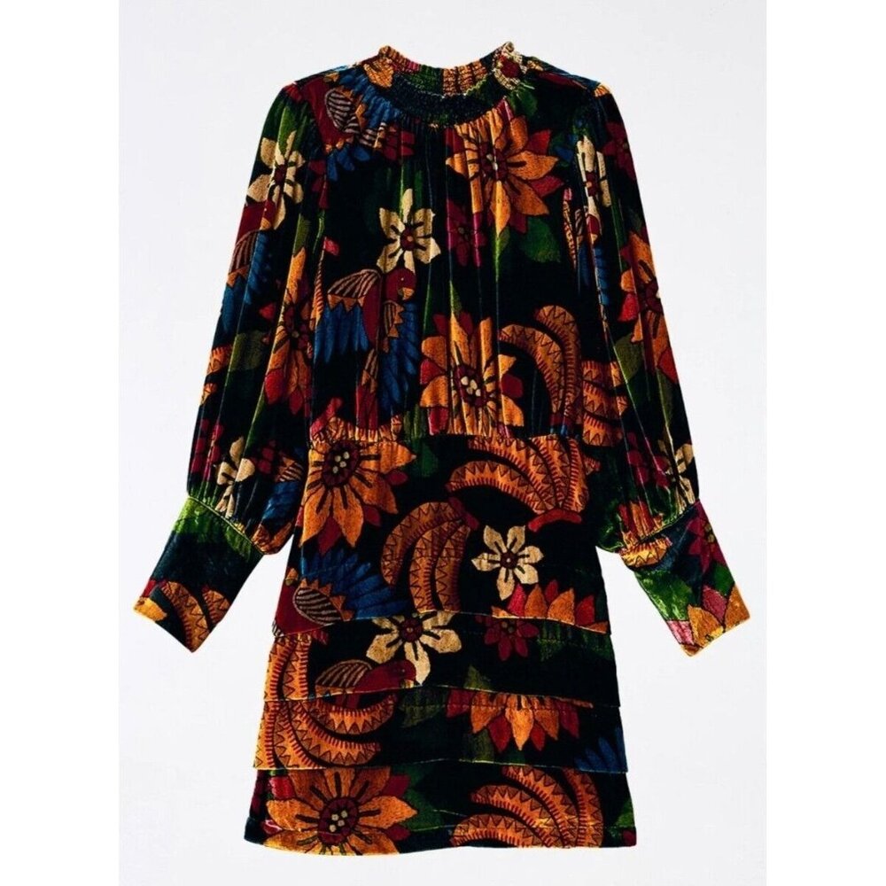 FARM Rio Macaw Ballet Velvet Mini Dress S Long Sleeve Party Floral High Neck - Picture 13 of 15